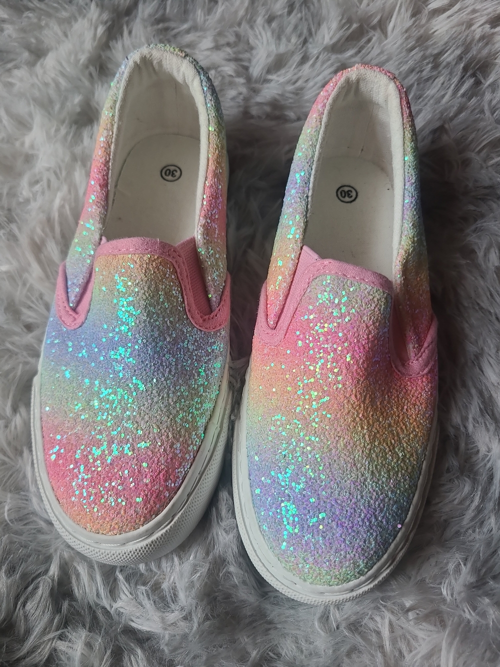 Kids Pastel Rainbow Glitter Slip-On Sneakers — Pink Accents